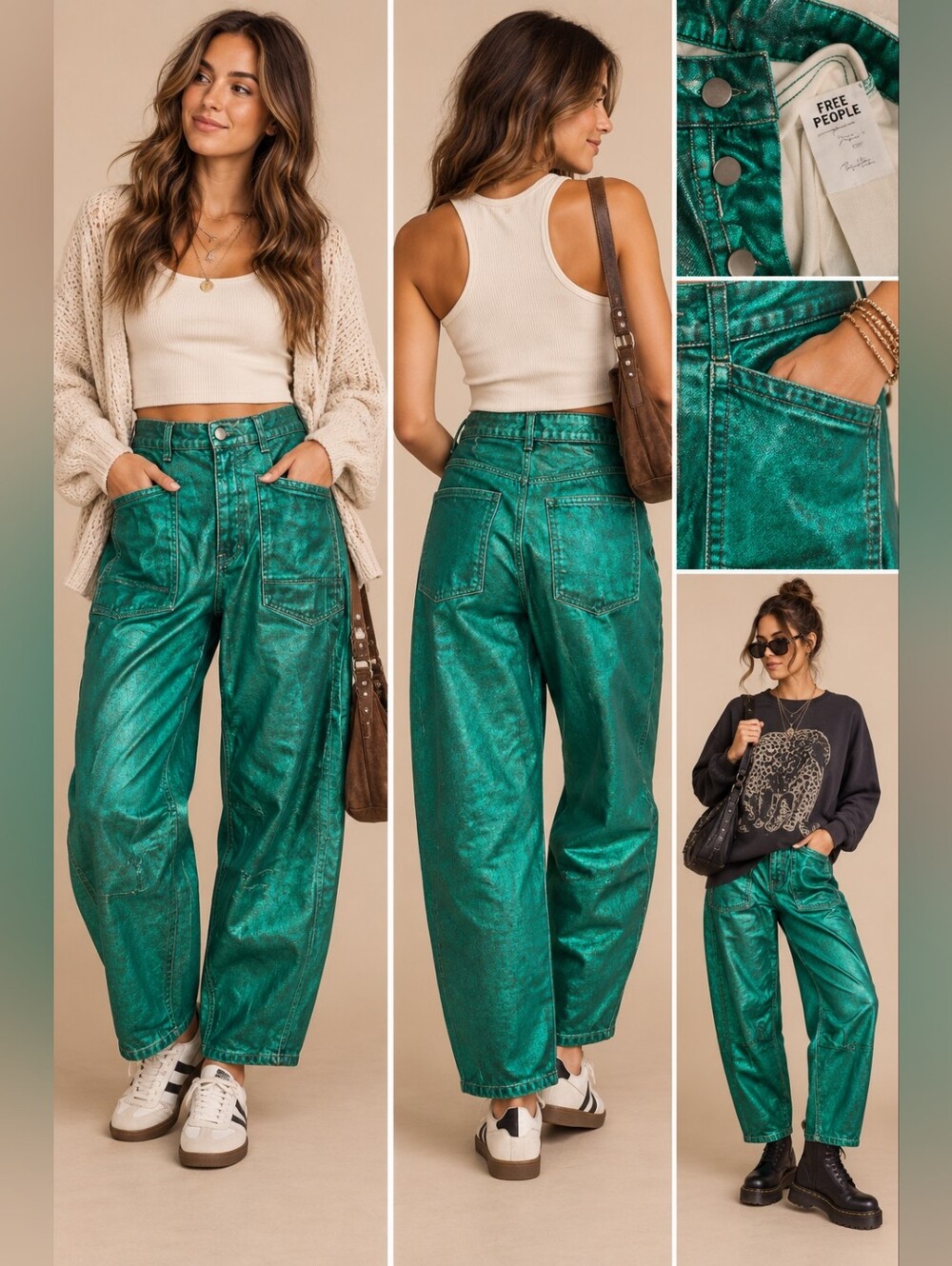 We The Free Moxie Metallic Emerald Green Barrel Jeans